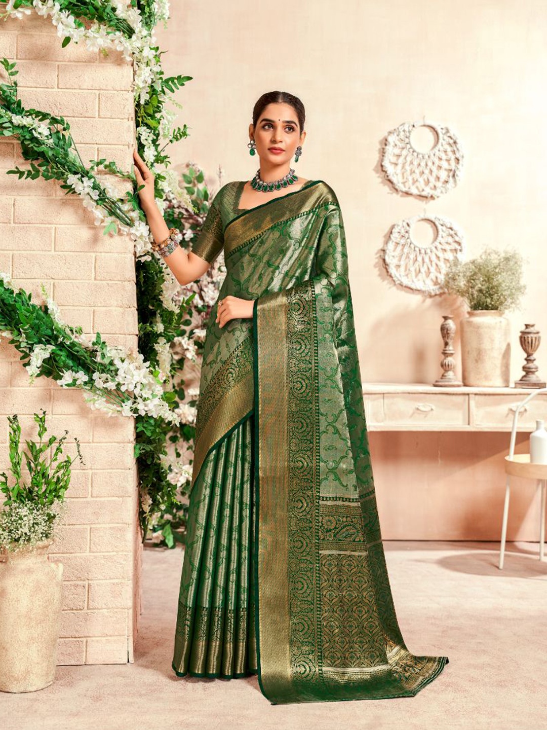 

NK Textiles Woven Design Zari Silk Blend Dharmavaram Saree, Green