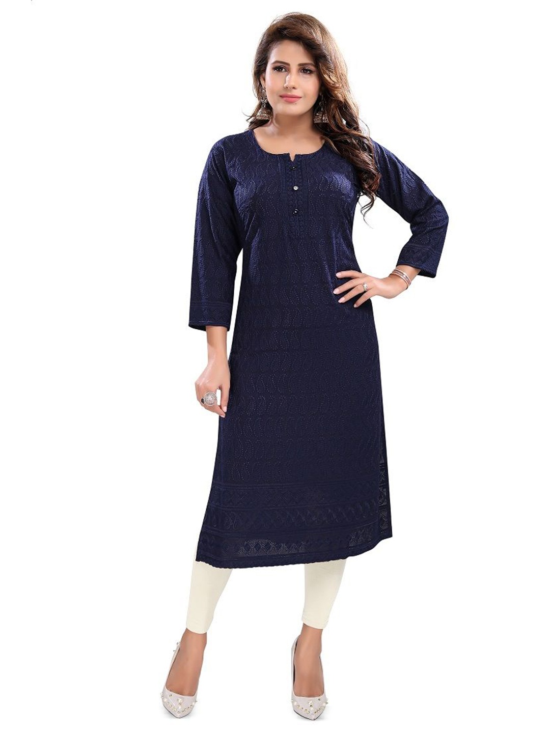 

DREAM & DZIRE Paisley Embroidered Round Neck Pure Cotton Straight Kurta, Navy blue