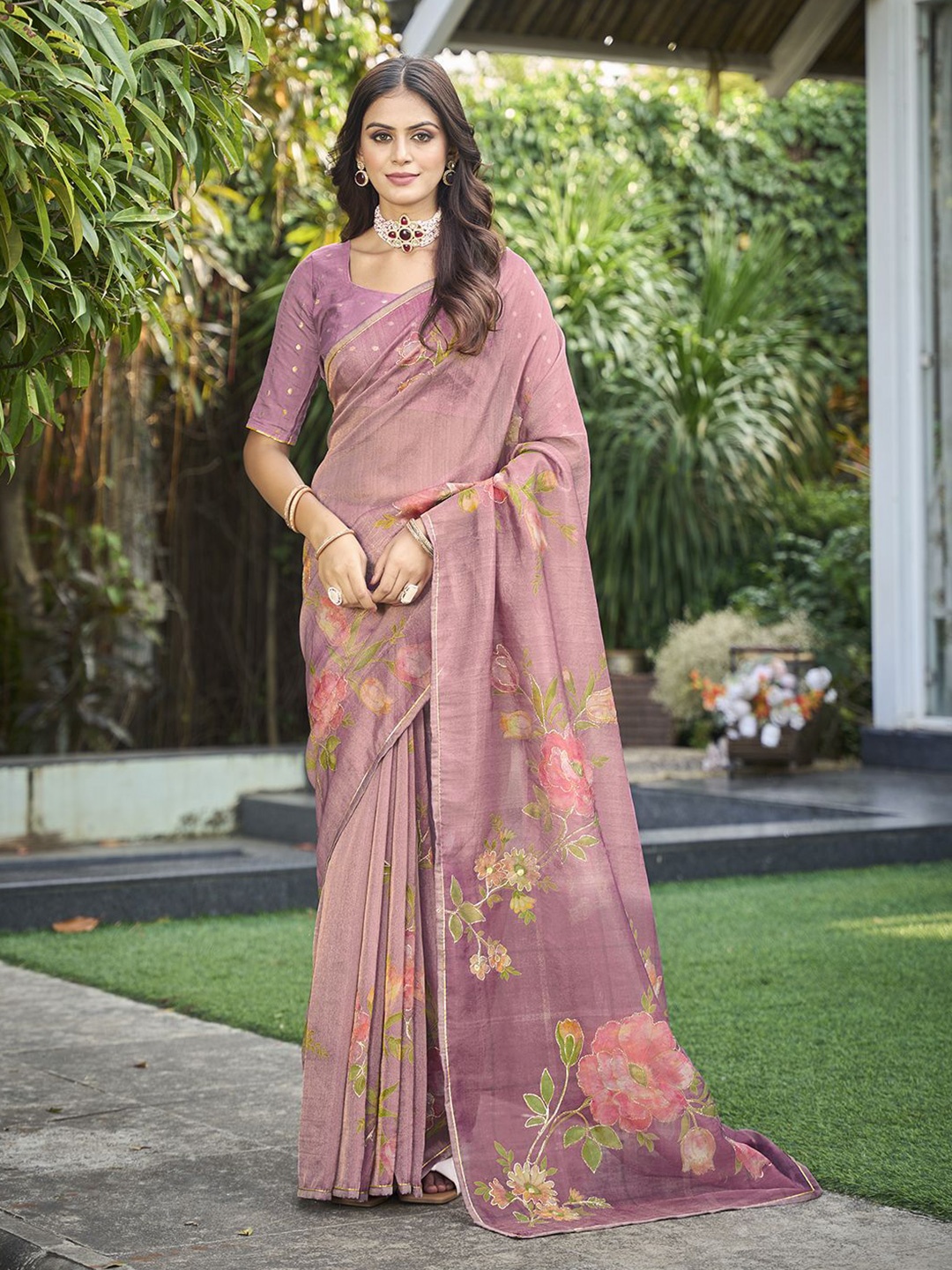 

Ethnielle Floral Printed Tissue Saree, Pink