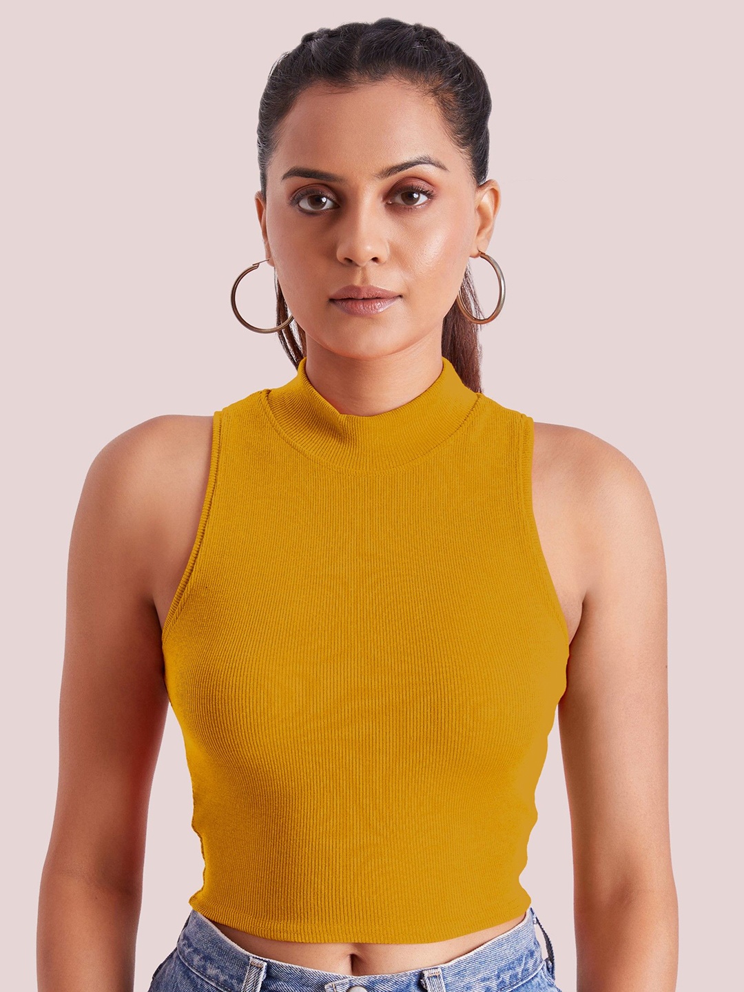 

BerryBird Women High Neck Solid Sleeveless Knitted Crop Top, Yellow