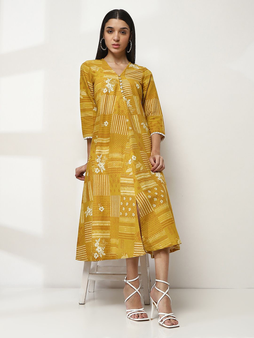 

Rangriti Print A-Line Midi Dress, Yellow