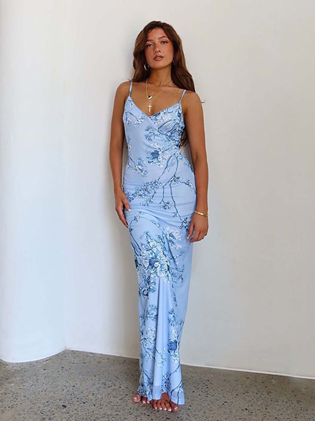 

StyleCast x Revolte Women Floral Printed Shoulder Straps Bodycon Maxi Dress, Blue