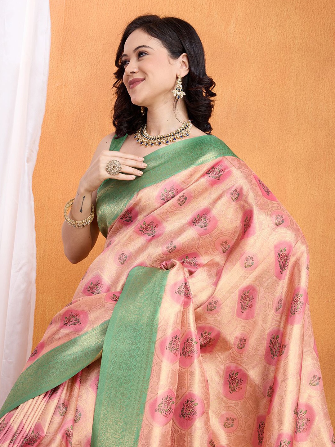 

Ethnielle Woven Design Zari Pure Silk Banarasi Saree, Green