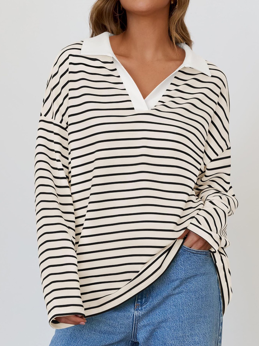 

StyleCast x Revolte Women Striped Shirt Collar Pullover Sweatshirt, White