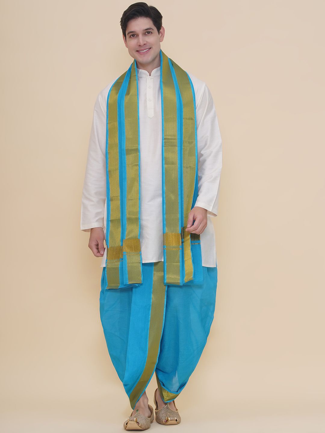 

Sethukrishna Mandarin Collar Art Silk Straight Kurta With Dhoti Pants And Angavastram, Off white