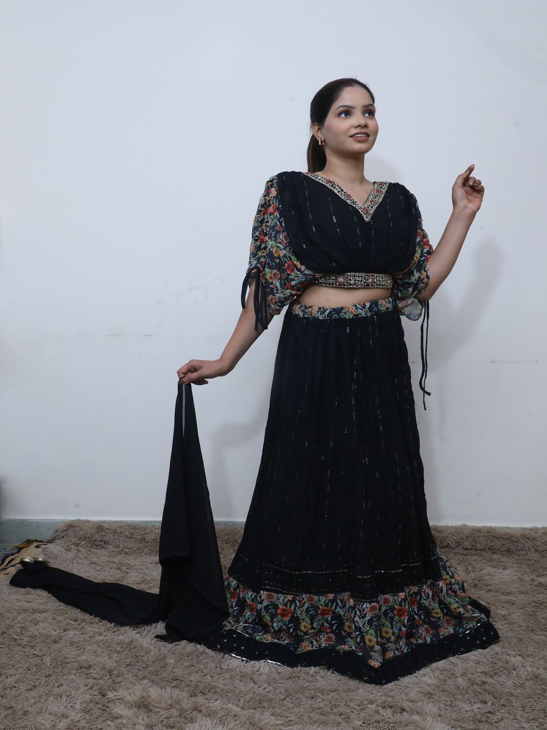 

Wavy Collection Printed Sequinned Foil Print Ready to Wear Lehenga & Blouse With Dupatta, Black