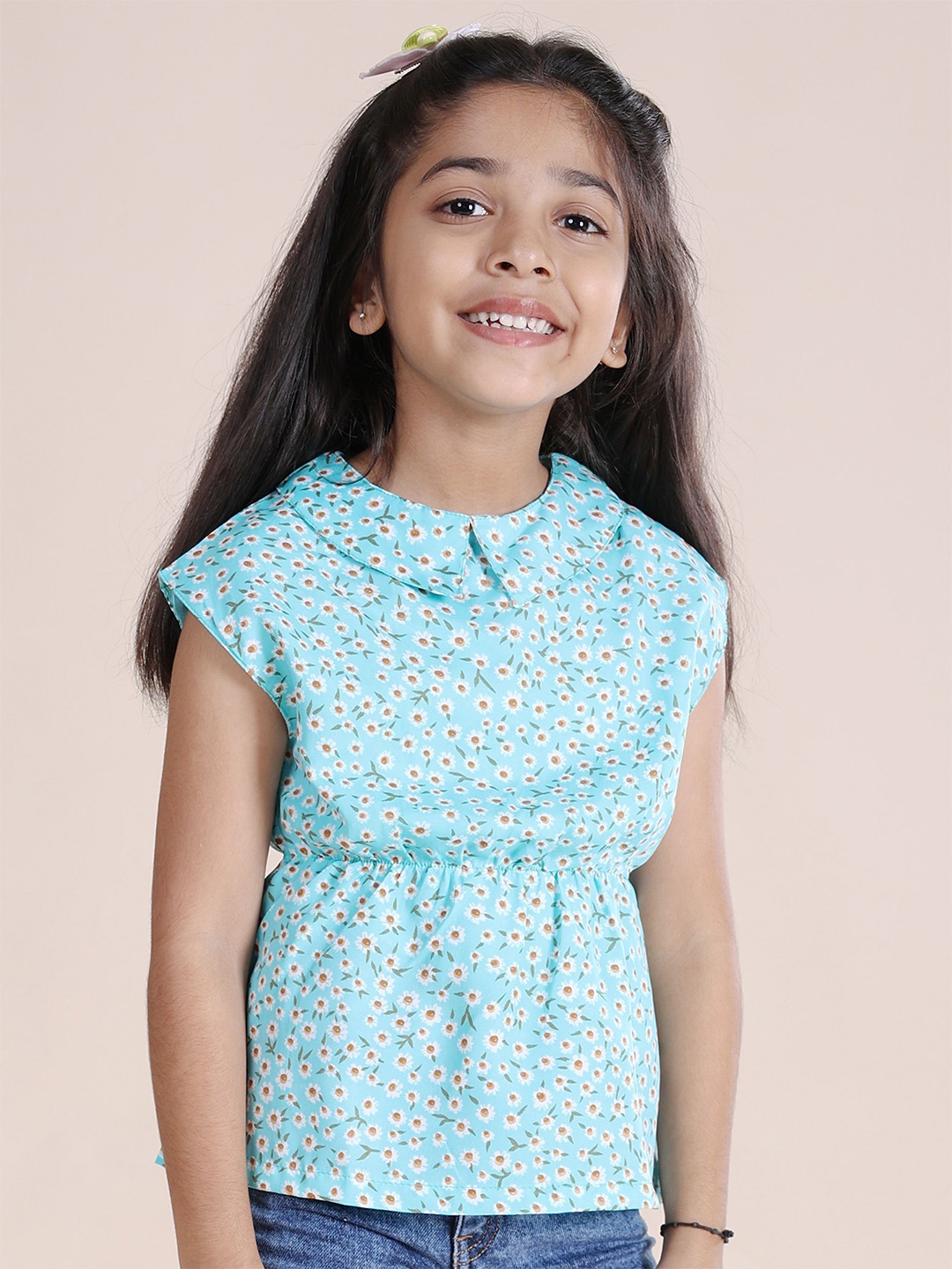 

KiddoPanti Girls Floral Printed Peter Pan Collar Cinched Waist Top, Blue