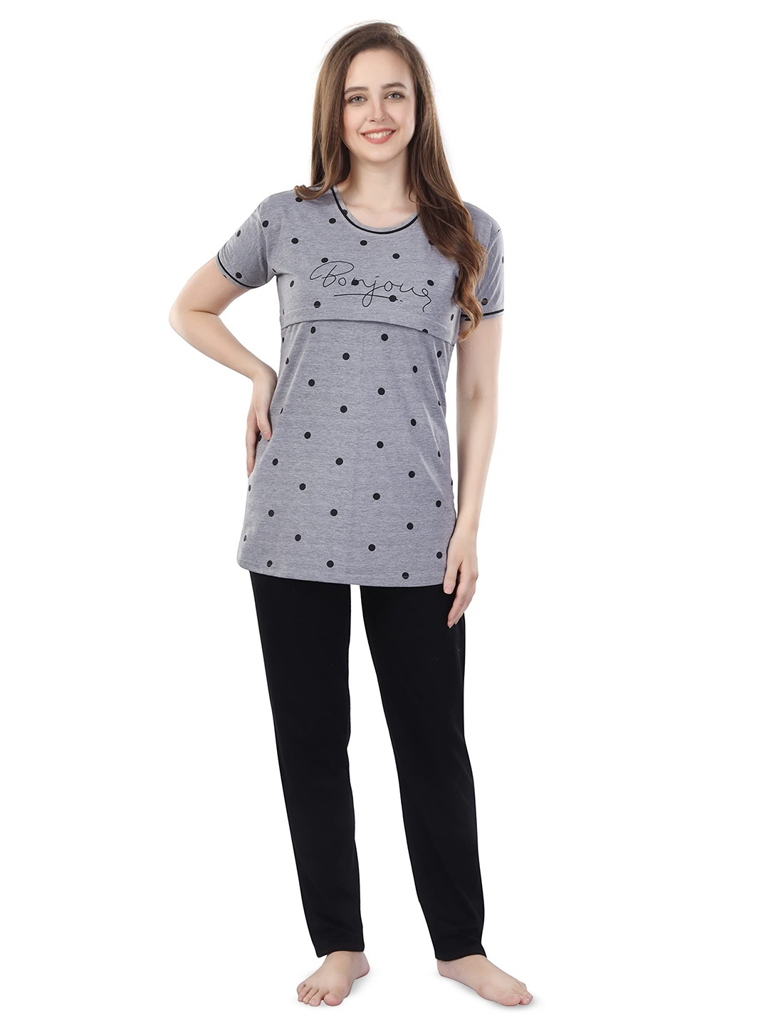 

TIGYWIGY Polka Dot Printed Pure Cotton Maternity Top With Pyjama, Grey