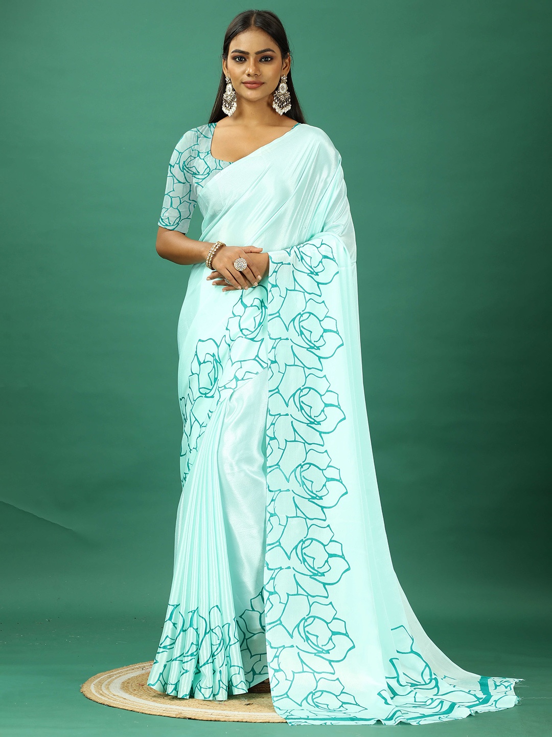 

NIRMAL CREATION Printed Border Saree, Turquoise blue