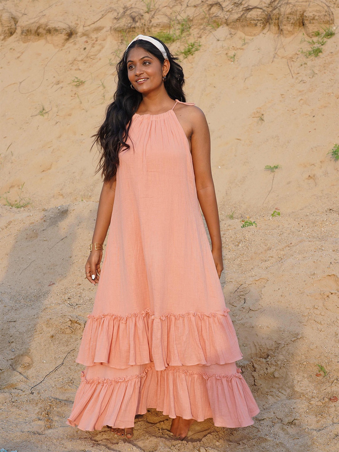 

House of Harakh Women Cotton A-Line Maxi Dress, Peach
