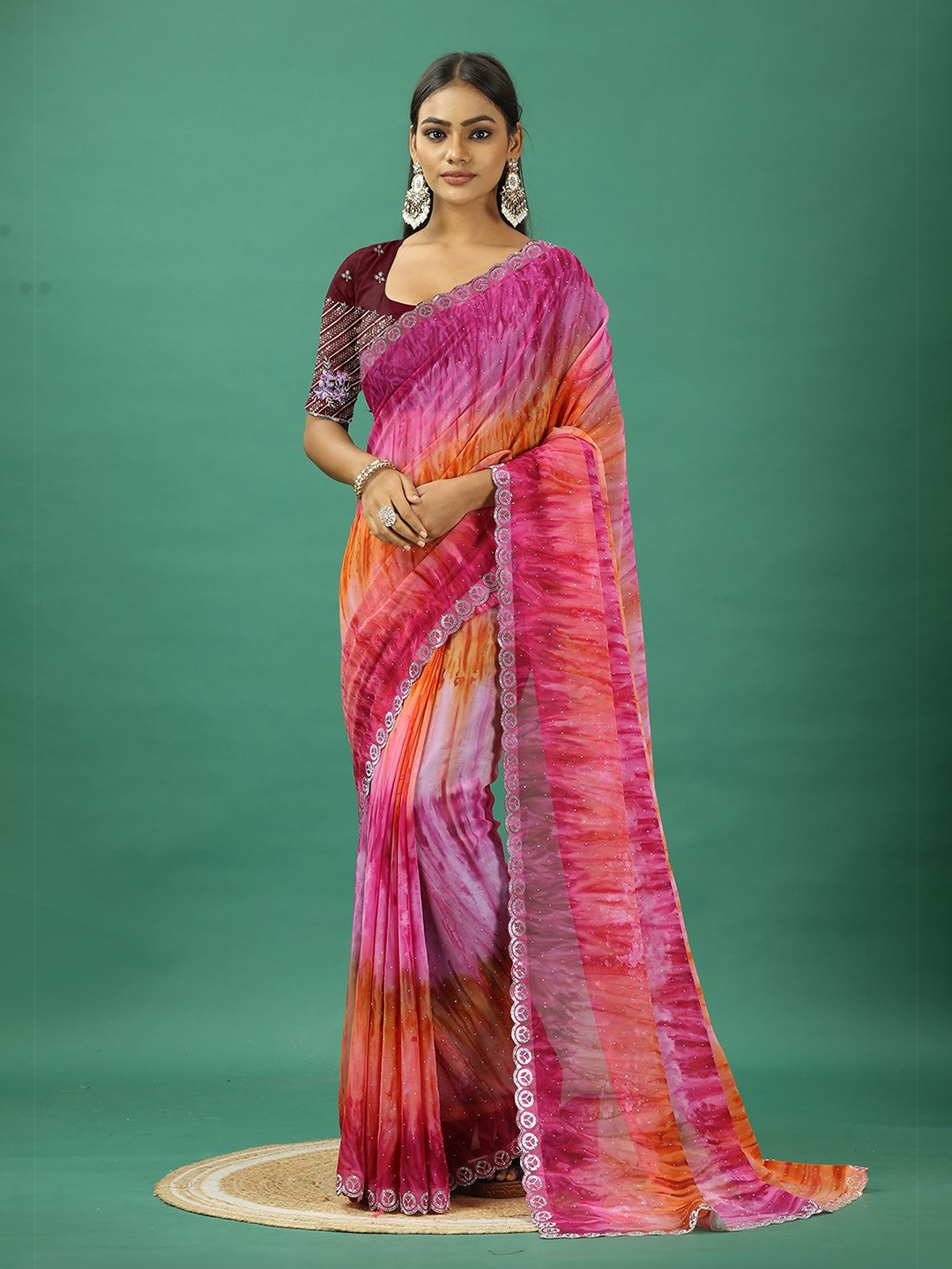

NIRMAL CREATION Beads and Stones Pure Georgette Saree, Pink