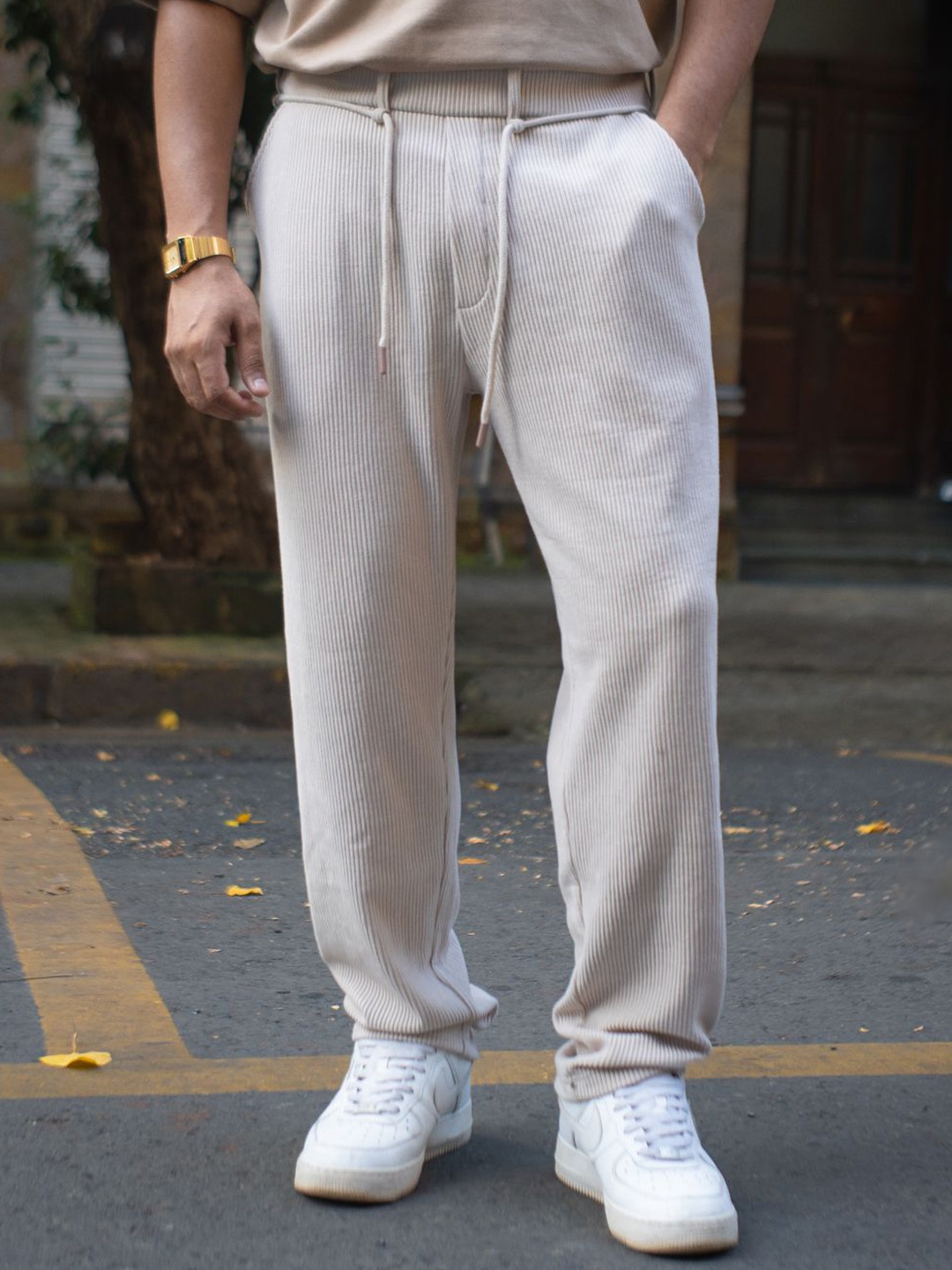 

Powerlook Men Light Beige Corduroy Regular Fit Track Pant