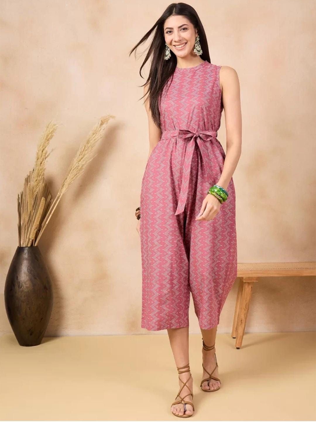

THAWARJI Printed Basic Jumpsuit, Peach