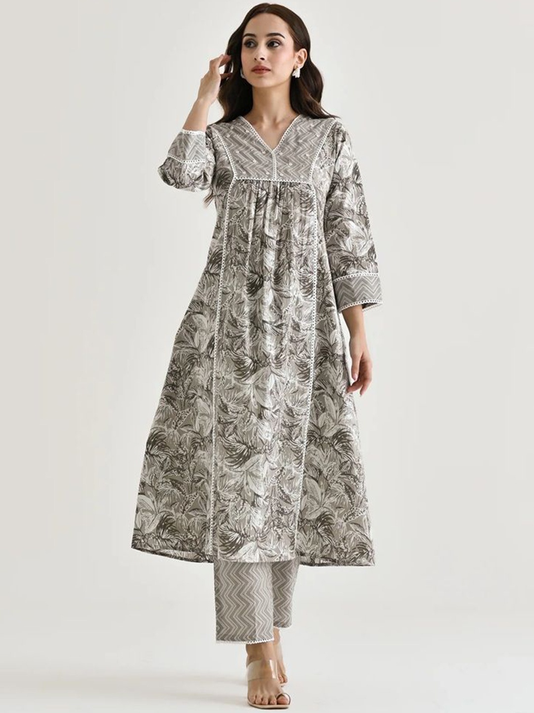 

KALINI Floral Printed Pleated V-Neck A-Line Kurta With Trouser, Grey