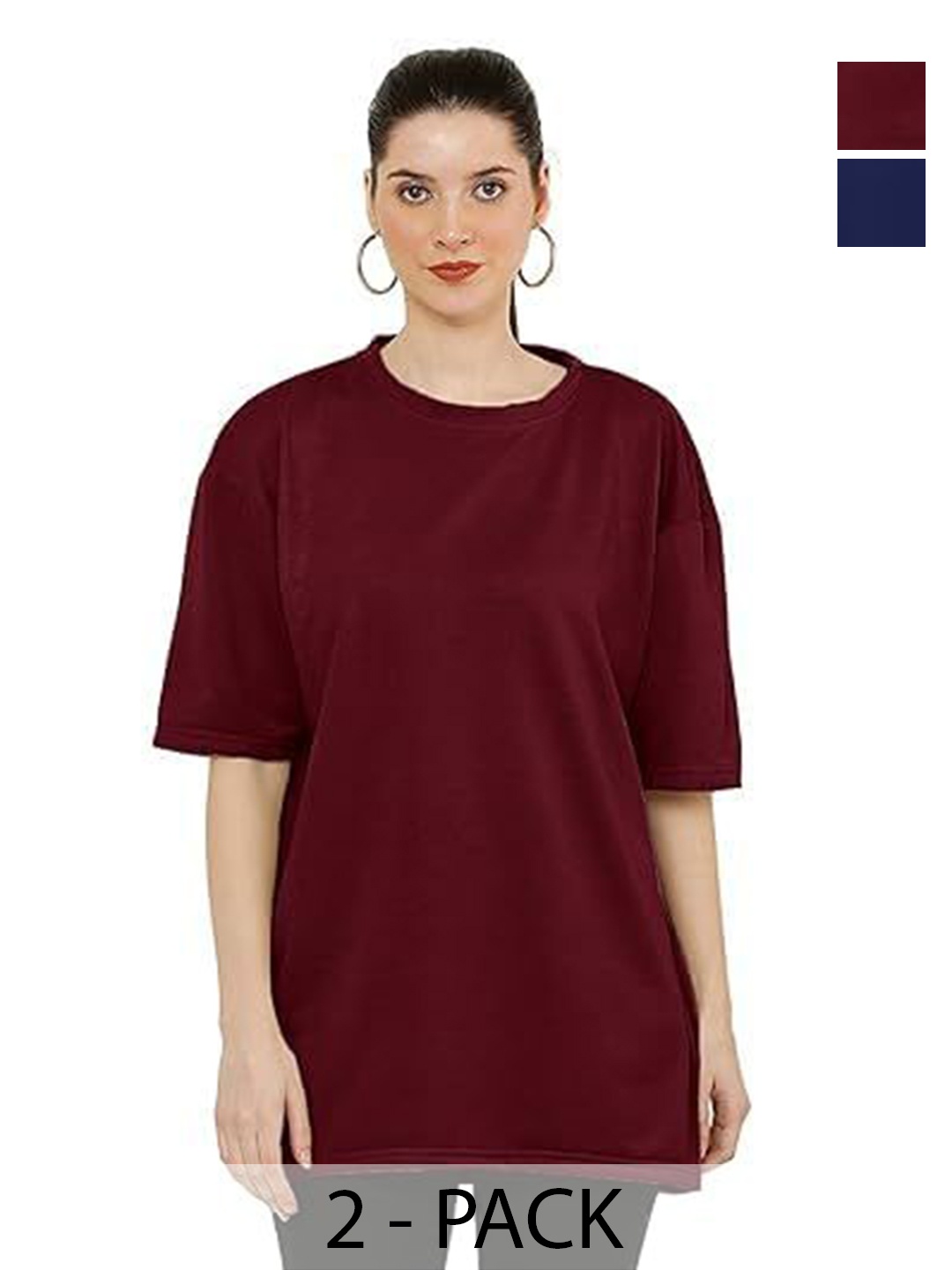 

NOTWILD Women Pack Of 2 Solid Round Neck Cotton Oversized T-shirts, Maroon