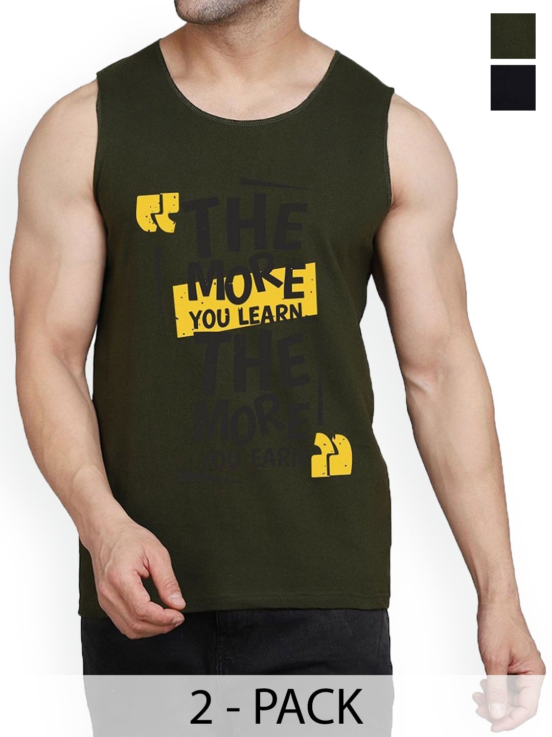 

Woostro Men Pack Of 2 Printed Cotton Gym Vests, Olive