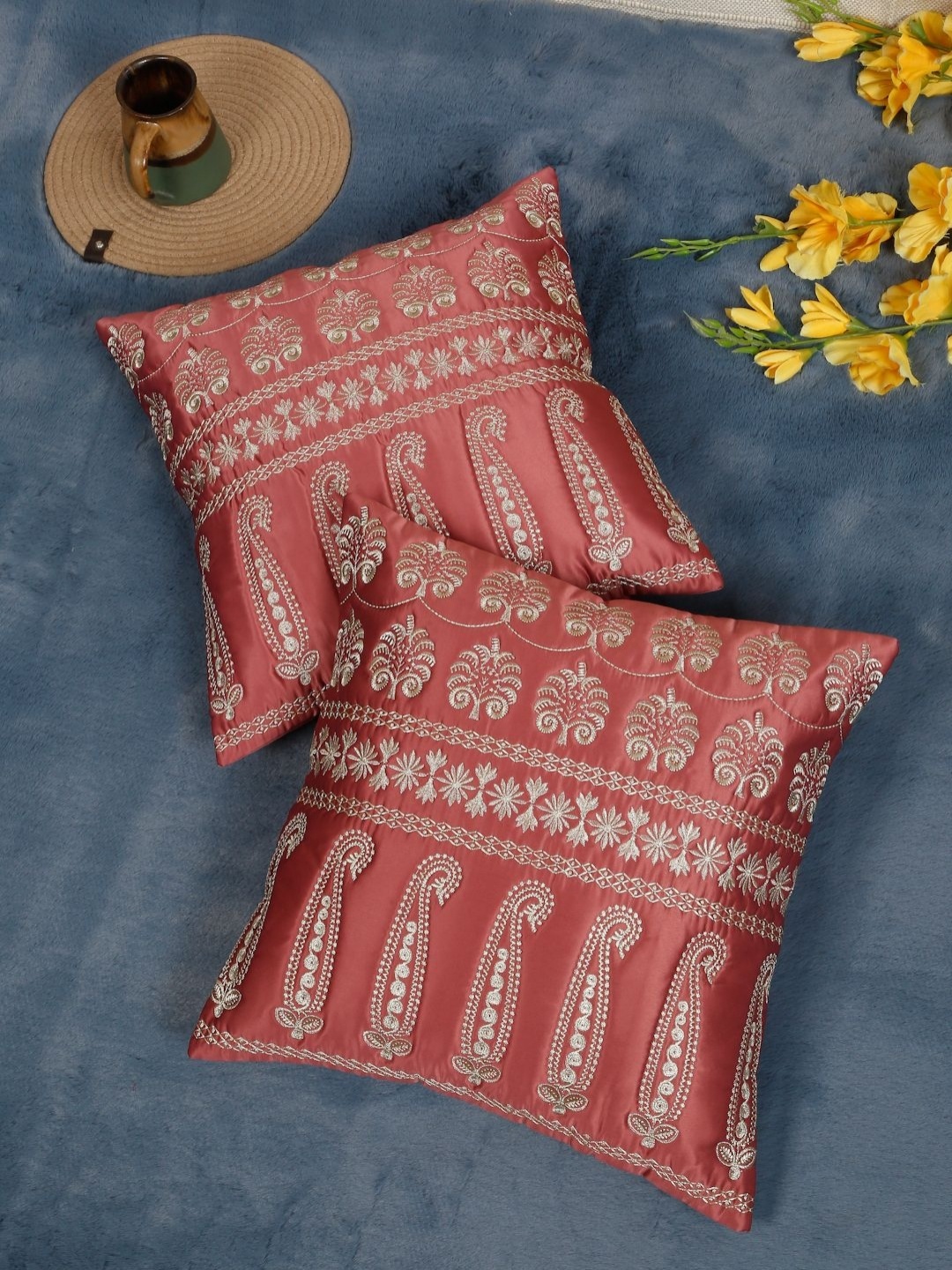 

SOKNACK Rust & Gold-Toned 2 Pieces Ethnic Motifs Embroidered Square Cushion Covers