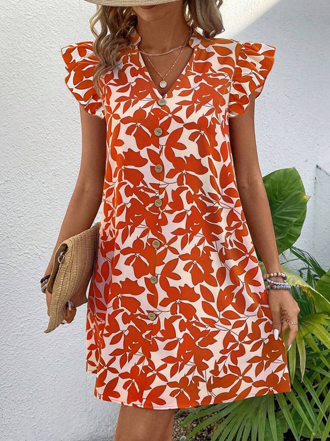 

StyleCast x Revolte Floral Printed V-Neck Flutter Sleeves Shift Dress, Orange