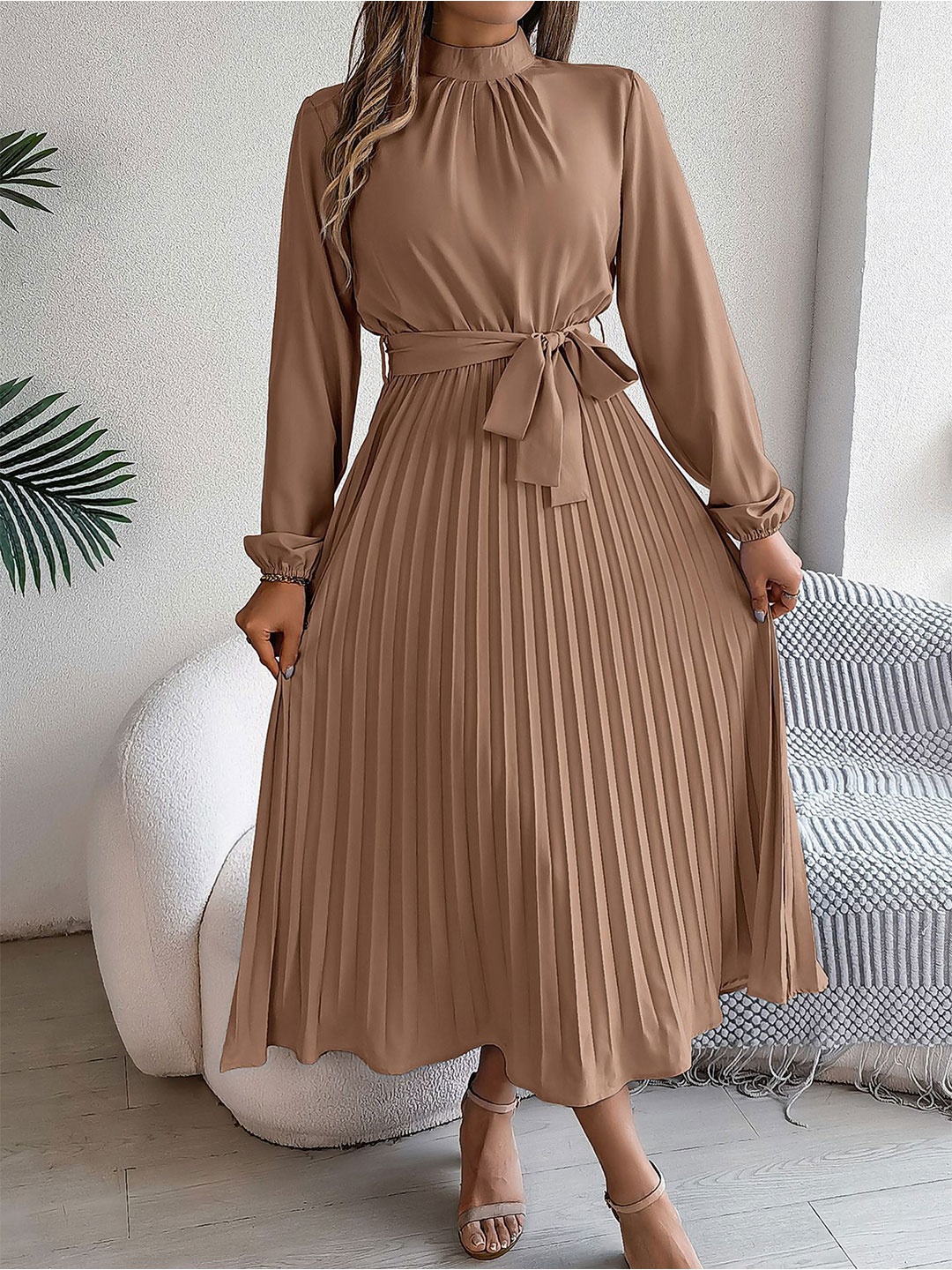 

StyleCast x Revolte High Neck Puff Sleeves A-Line Midi Dress With Tie-Ups, Khaki