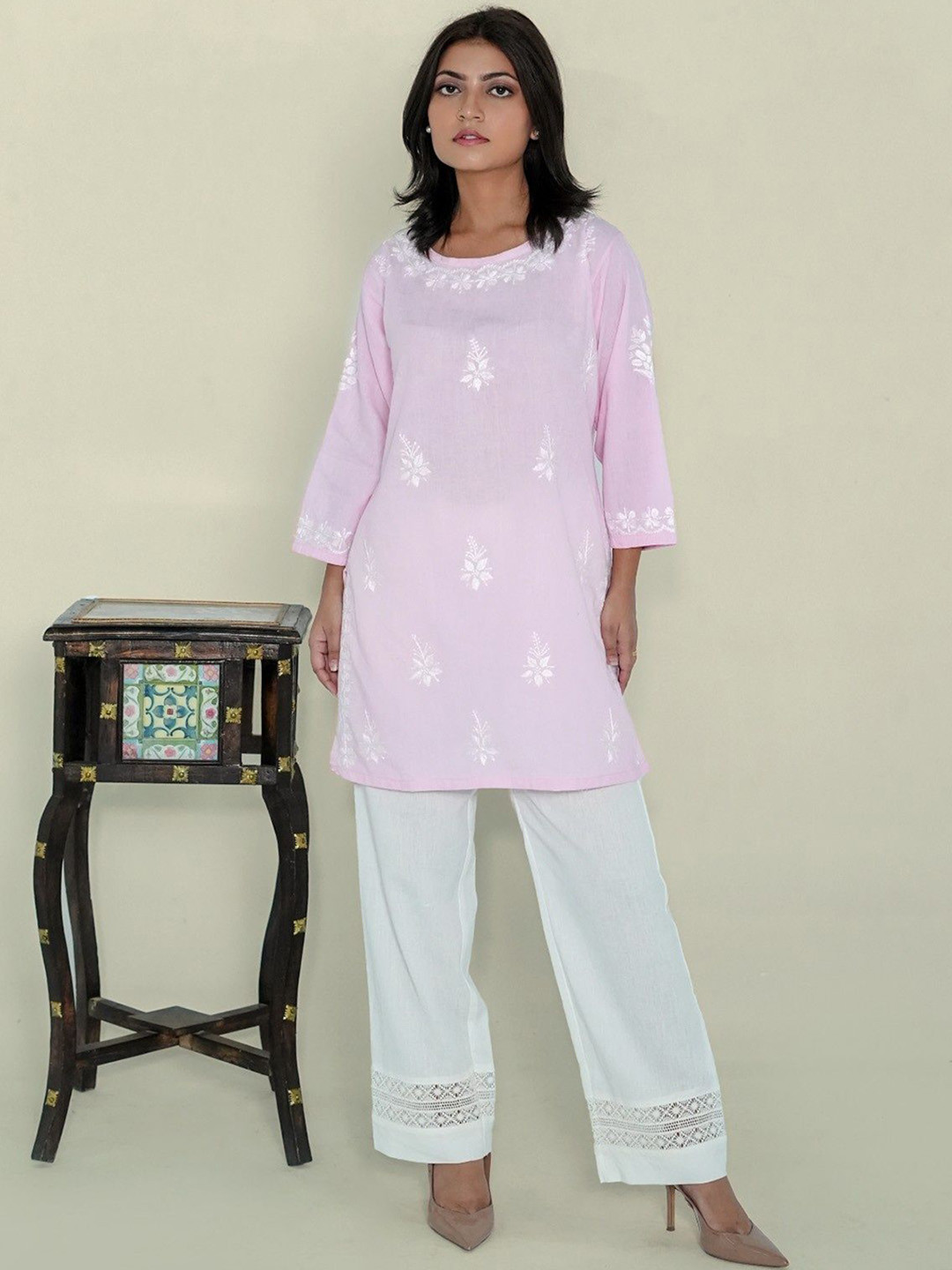 

Ethnic Threads Floral Embroidered Chikankari Pure Cotton Straight Kurta With Trousers, Pink