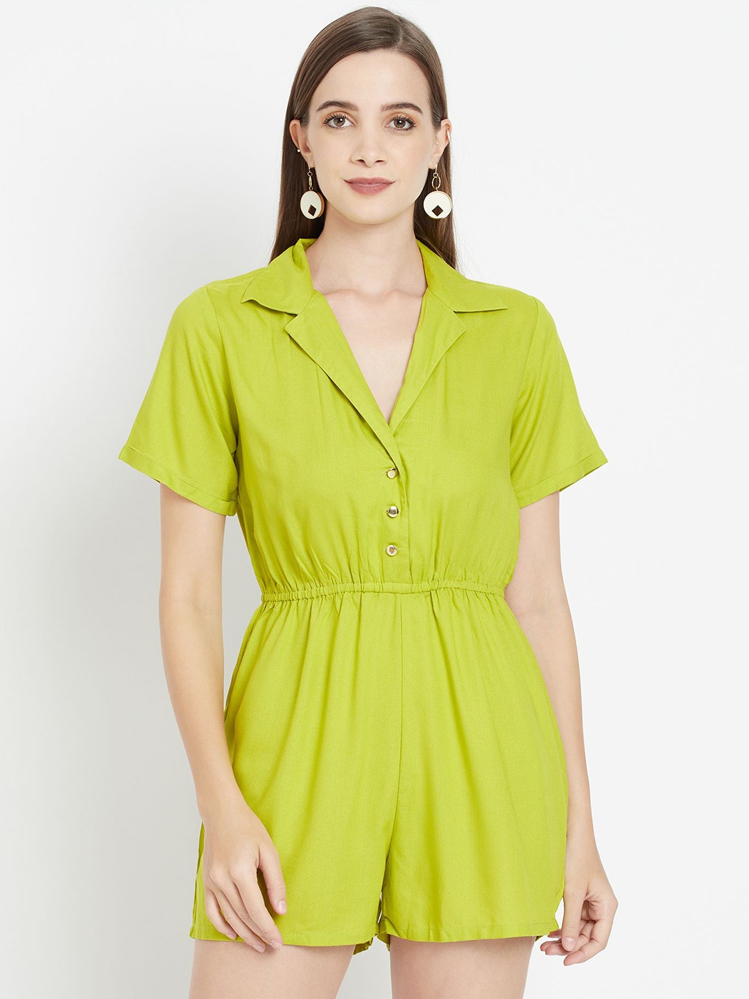

Moda Rapido Women Lapel Collar Cotton Playsuit, Green