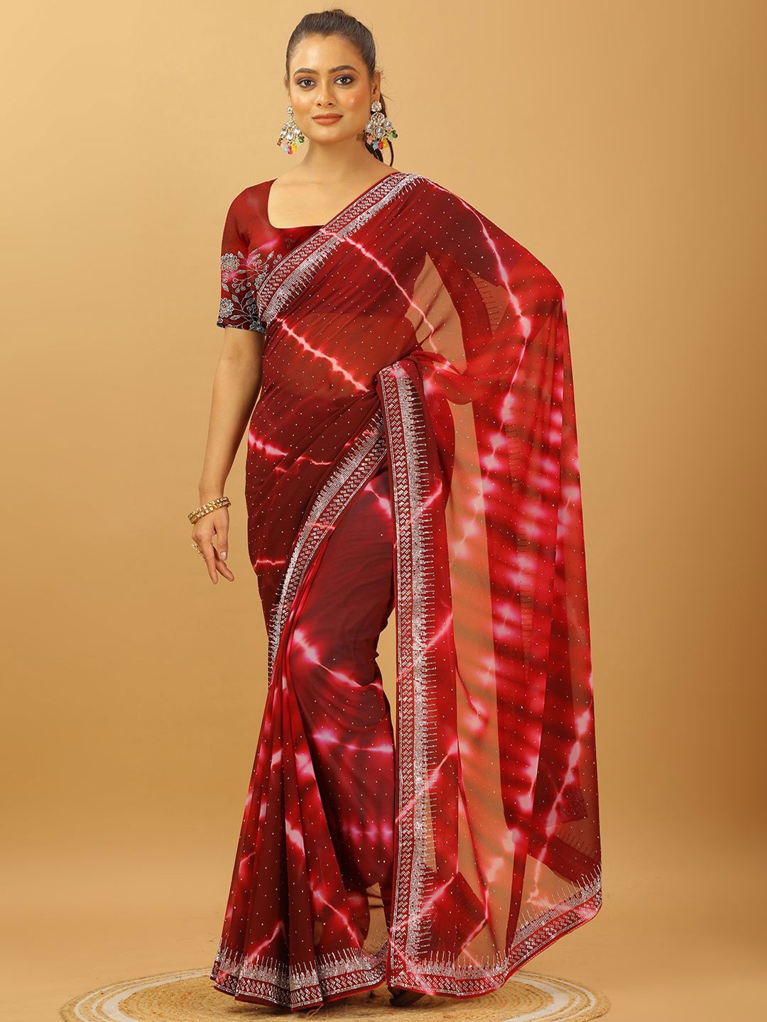 

NIRMAL CREATION Leheriya Beads and Stones Pure Georgette Leheriya Saree, Burgundy