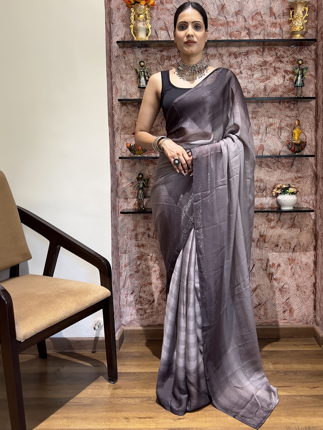 

bansari textiles Zari Striped Pure Cotton Saree, Coffee brown