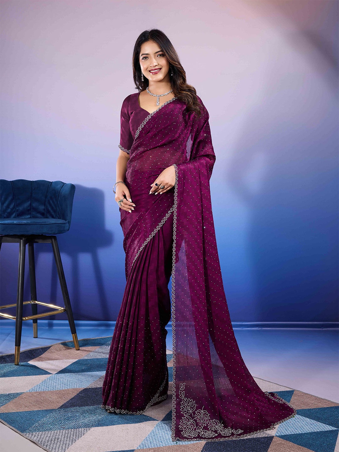 

Blissta Embellished Beads and Stones Poly Chiffon Saree, Purple