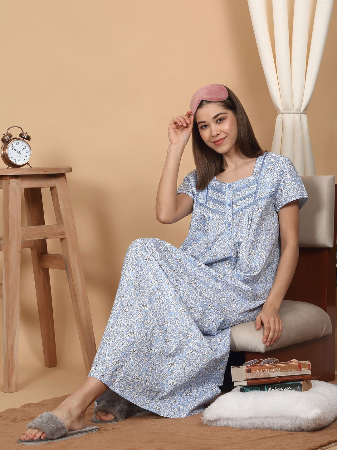 

SAANJ Printed Maxi Nightdress, Blue