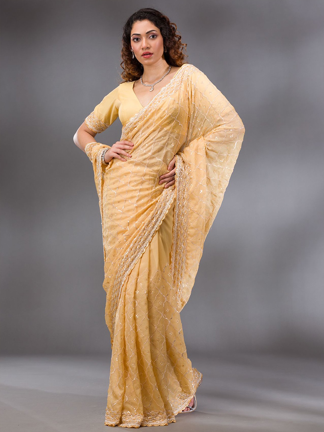 

Koskii Embellished Sequinned Tissue Saree, Yellow