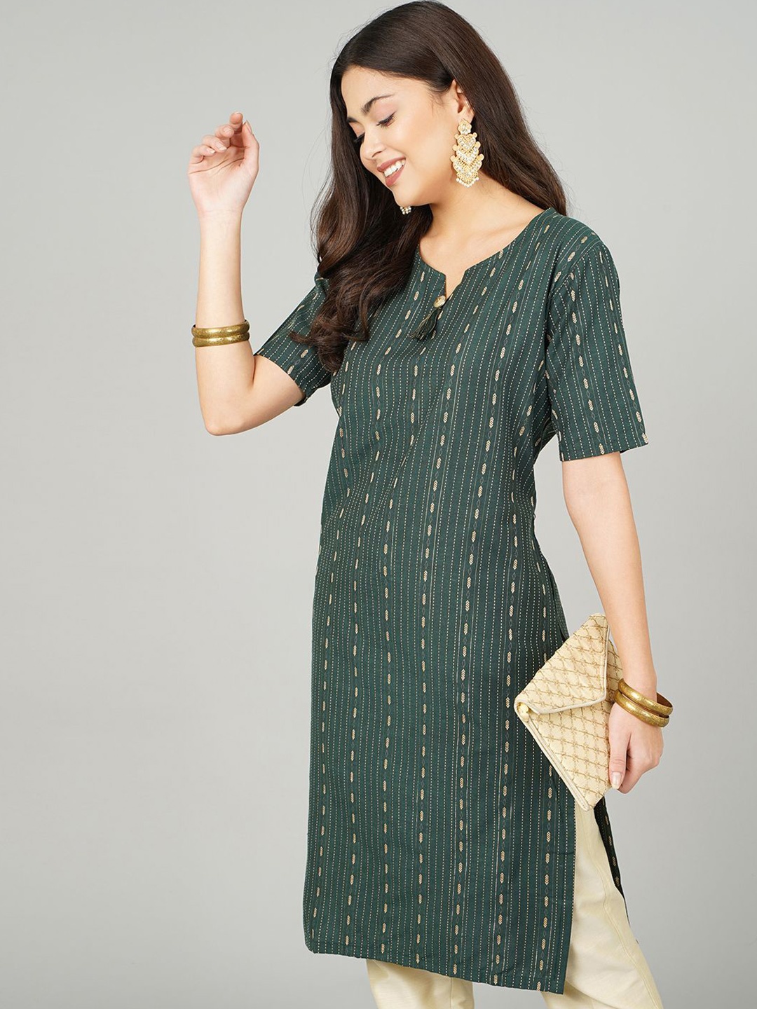 

Anushil Women Woven Design V-Neck Straight Kurtas, Green