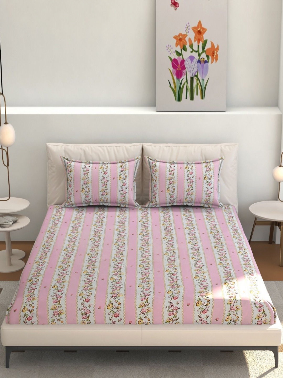 

Jizzby Pink & White Printed 240 TC Cotton Queen Bedsheet Set 2.28 m x 2.54 m