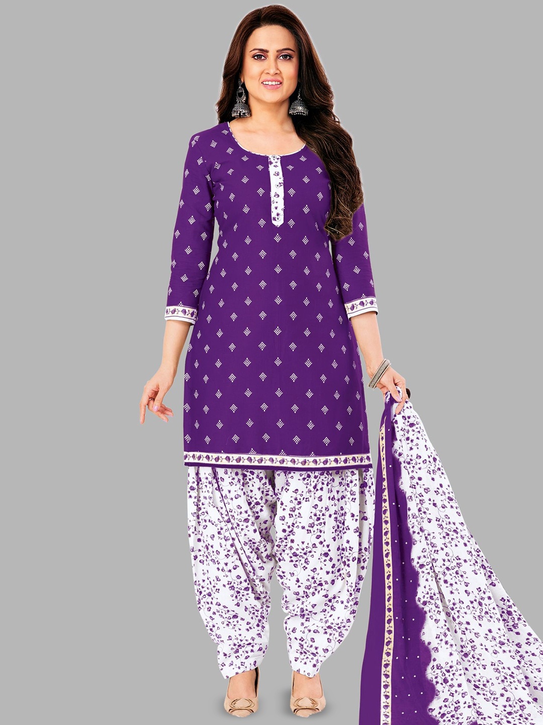 

Simmu Geometric Printed Pure Cotton Unstitched Dress Material, Purple