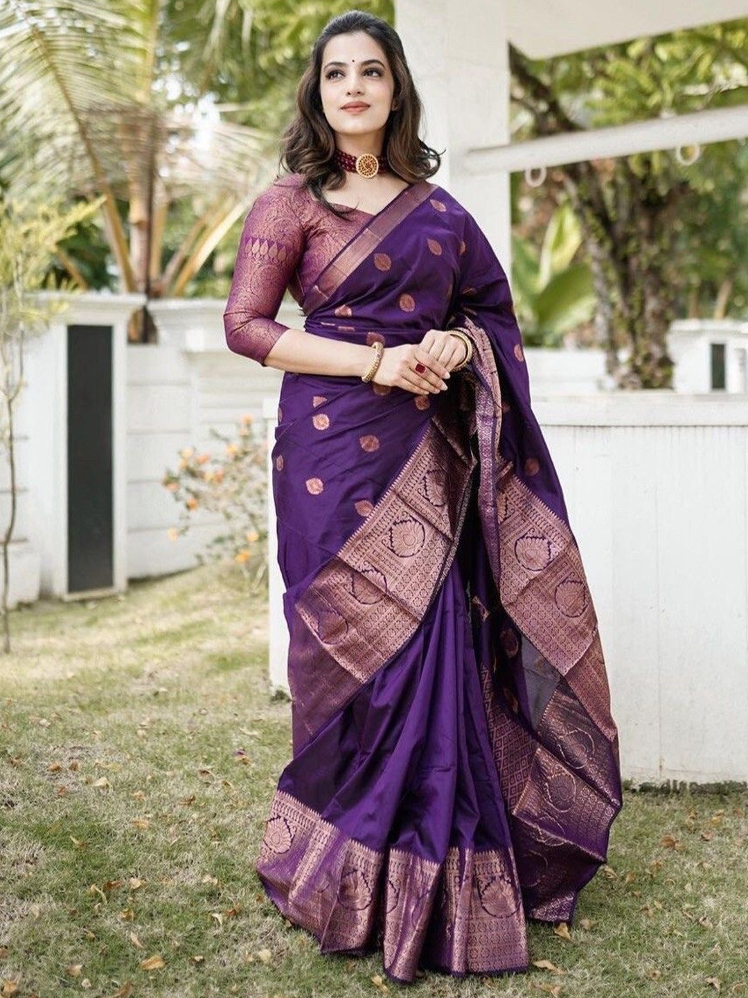 

bansari textiles Woven Design Zari Kanjeevaram Saree, Purple
