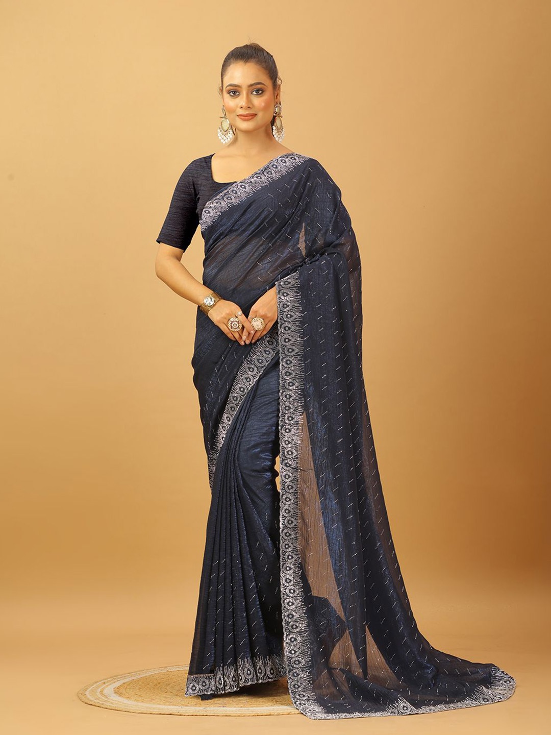 

A.V.M. SILK MILLS Floral Embroidered Pure Georgette Saree, Blue
