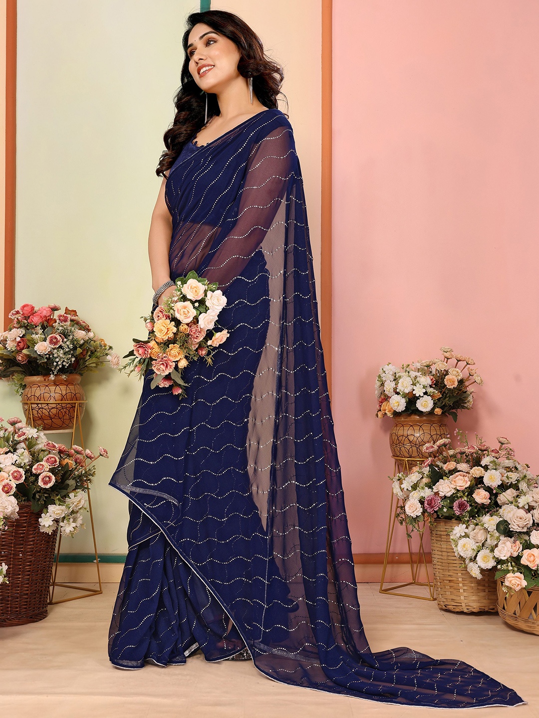 

Munir Embellished Beads and Stones Poly Georgette Saree, Navy blue