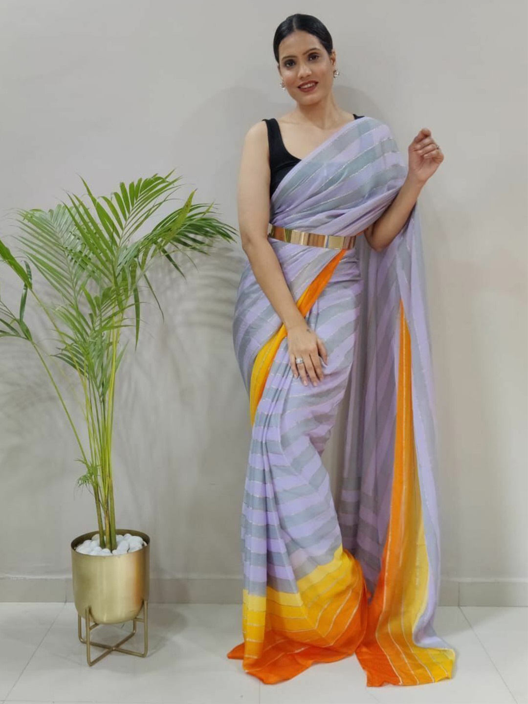 

bansari textiles Striped Pure Chiffon Saree, Purple