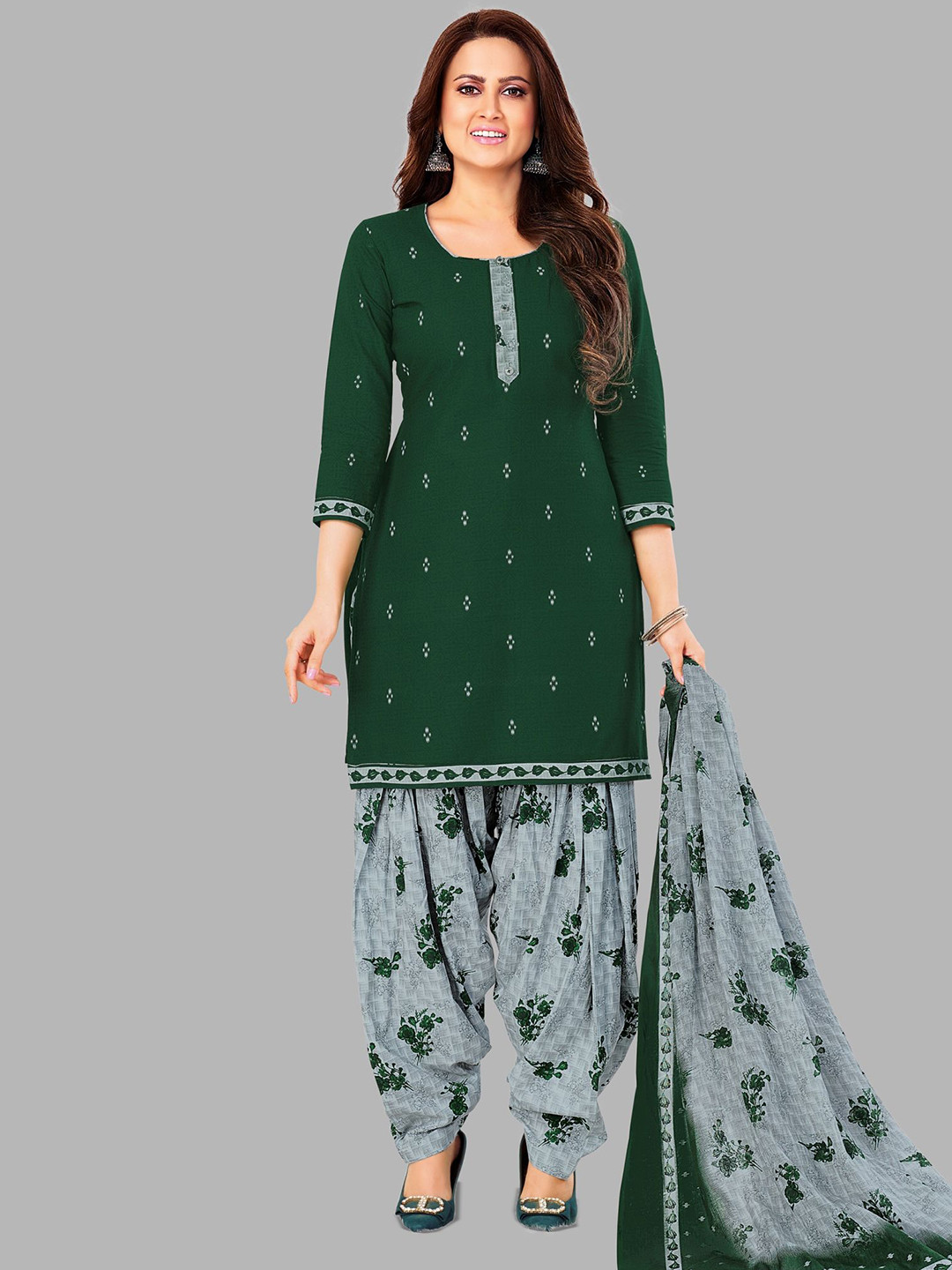 

shree jeenmata collection Floral Printed Pure Cotton Unstitched Dress Material, Green