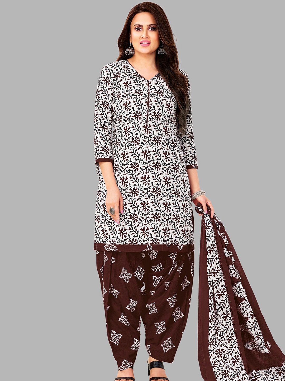 

shree jeenmata collection Floral Printed Pure Cotton Unstitched Dress Material, White