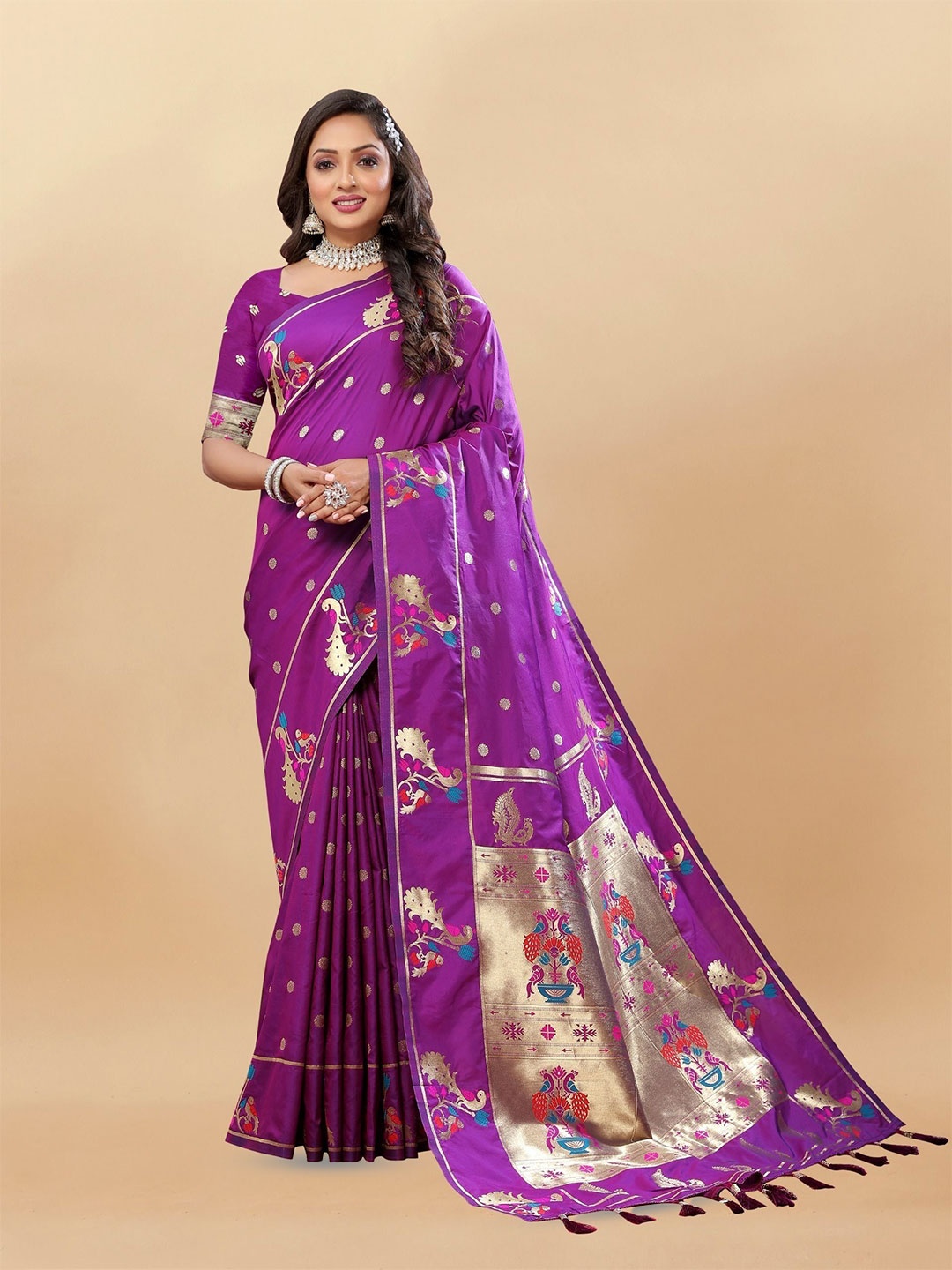 

bansari textiles Woven Design Zari Paithani Saree, Purple