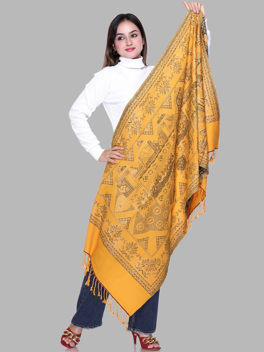 

Tones-N-Shades Stylish Ethnic Motifs Woven Design Woollen Shawl, Yellow