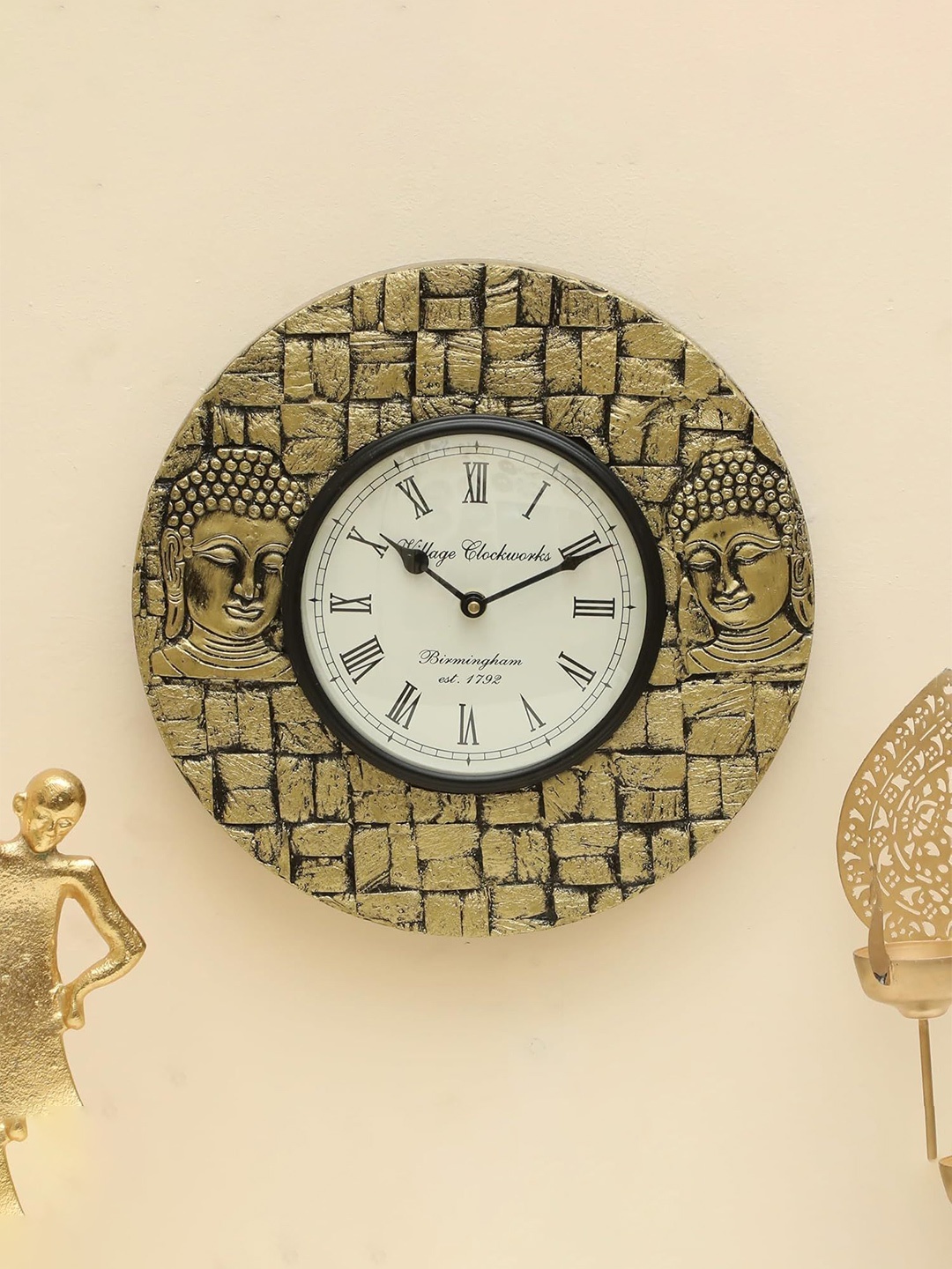 

vedas C-Paduma Gold-Toned & White Round Buddha Heritage Wooden Polished Wall Clock