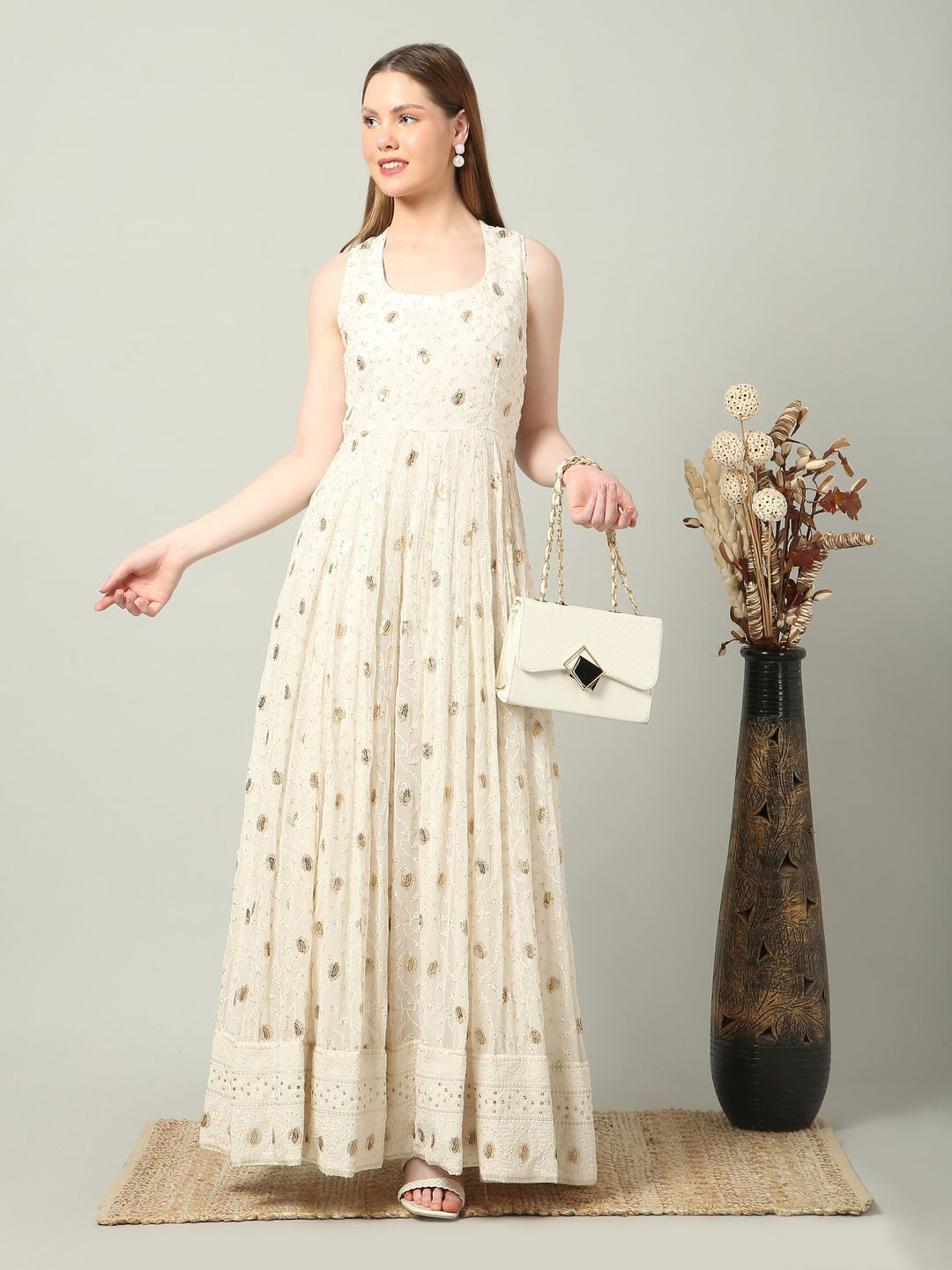 

GEETUES Embroidered Georgette Fit & Flare Maxi Dress, White