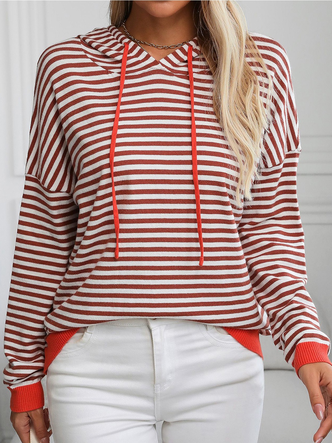 

StyleCast x Revolte Women Striped Hooded Sweatshirt, Orange