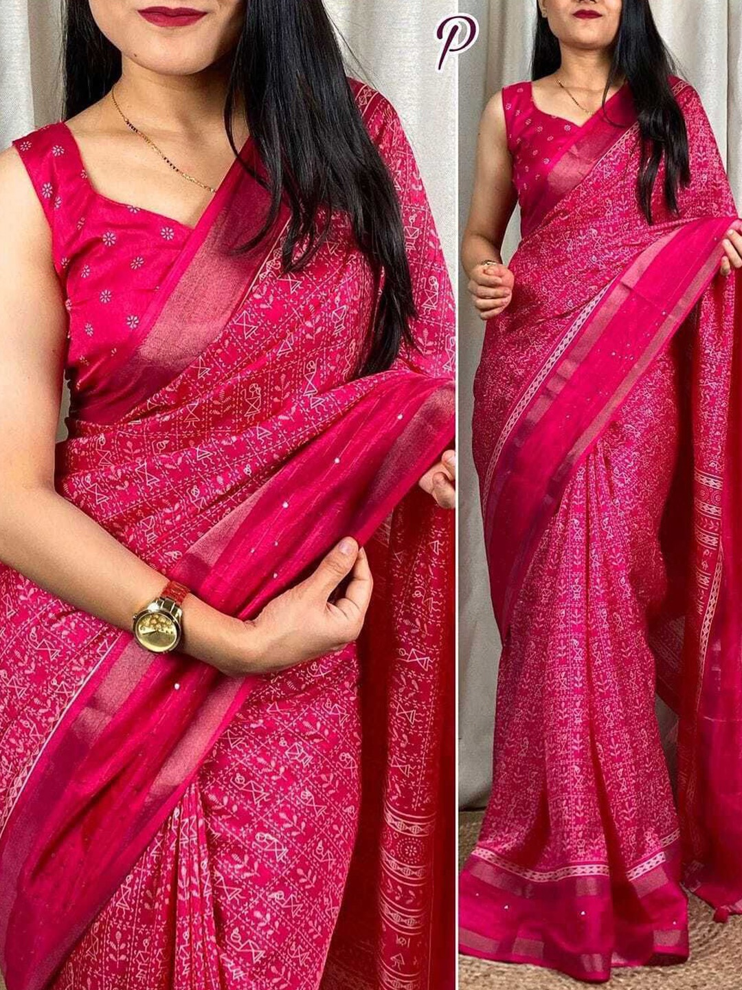 

bansari textiles Warli Printed Zari Saree, Pink