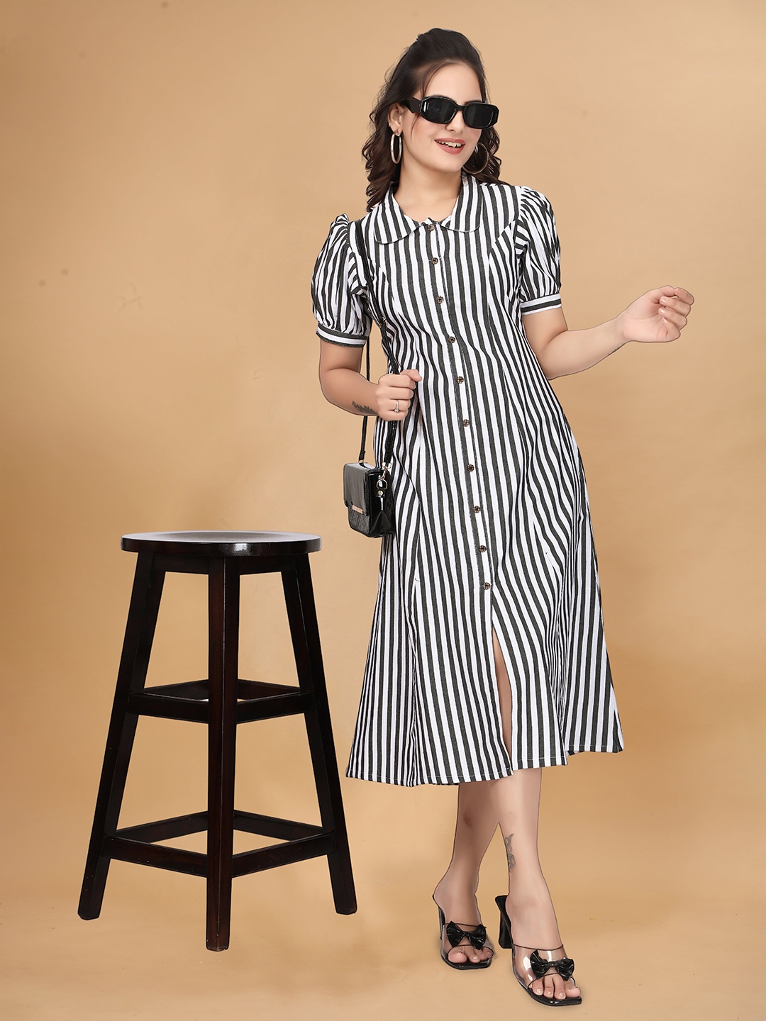 

QENA Flared Striped Puff Sleeve A-Line Midi Dress, Black