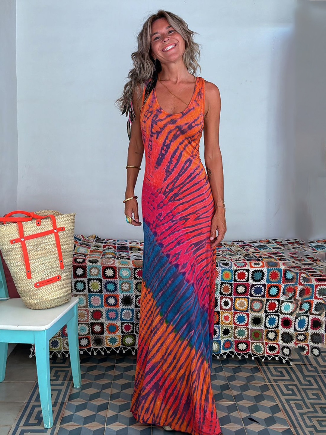 

StyleCast x Revolte Abstract Printed Scoop Neck Maxi Dress, Red