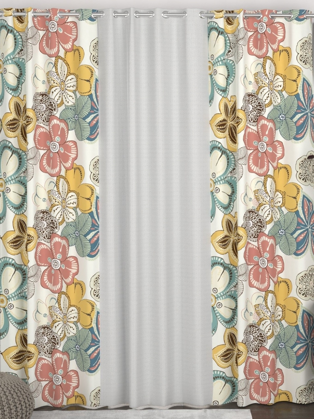 

CHHAVI INDIA White & Peach-Coloured Set of 3 Floral Door Curtain