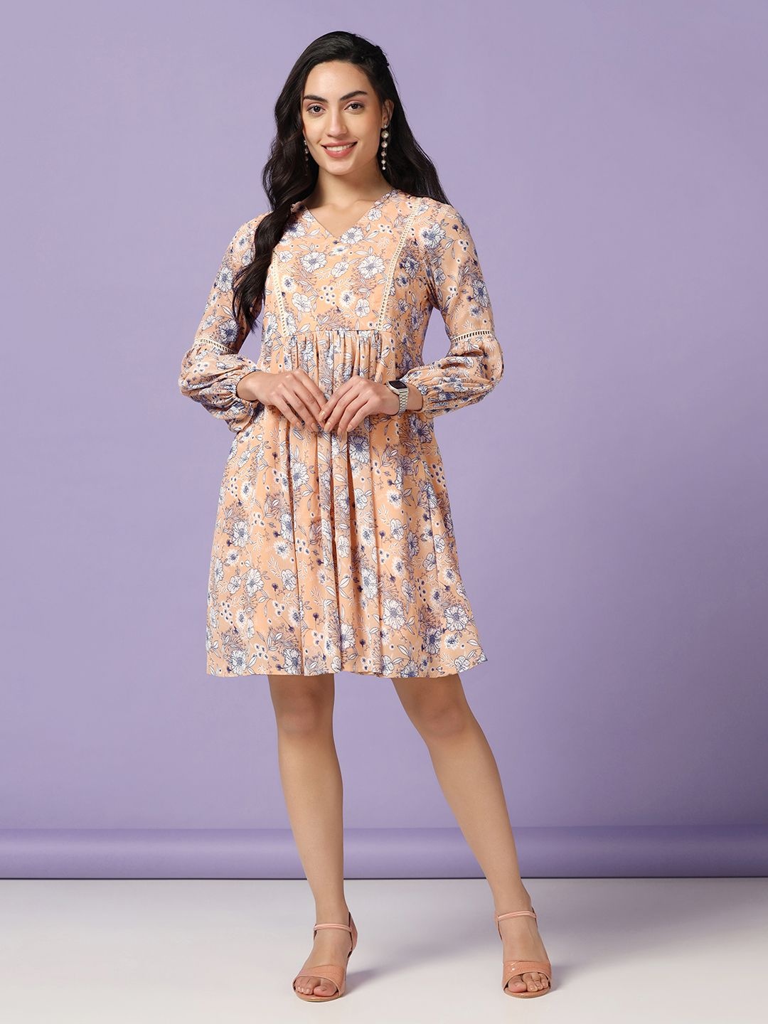 

Moda Rapido Women Floral Printed Bishop Sleeve Chiffon Fit & Flare Dress, Peach
