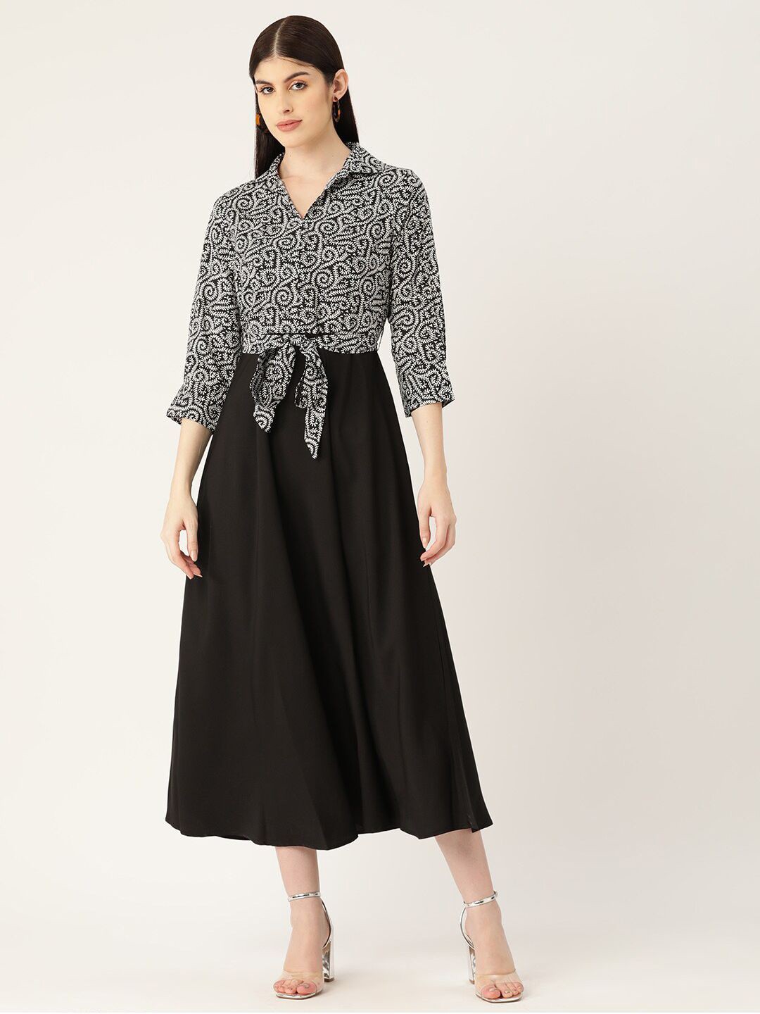

DressBerry Floral Print Crepe A-Line Midi Dress, Black